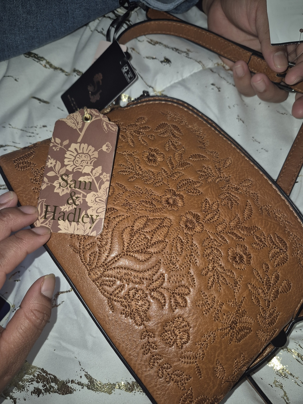 Tan Embossed Floral Crossbody Bag